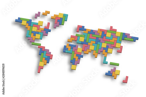 World map mosaic of 3D colorful blocks. Vector illustration