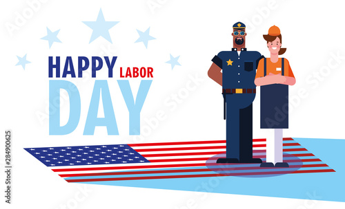 labor day label with police officer and saleswoman