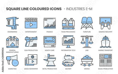 Industries related, square line color vector icon set for applications and website development. The icon set is editable stroke, pixel perfect and 64x64. Crafted with precision and eye for quality.