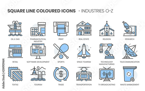 Industries related, square line color vector icon set for applications and website development. The icon set is editable stroke, pixel perfect and 64x64. Crafted with precision and eye for quality.