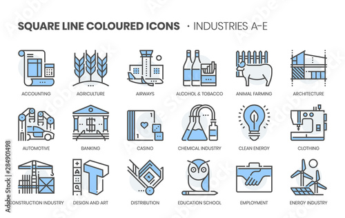 Industries related, square line color vector icon set for applications and website development. The icon set is editable stroke, pixel perfect and 64x64. Crafted with precision and eye for quality.