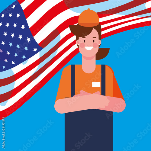 saleswoman with flag united states america