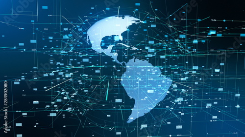 Earth Particle Motion Global Business Concept. Digital Hologram Futuristic Cyberspace Emit Dots Network Grid. Shine Planet Map Landscape Continents Surface Abstact Loop 3D Rendering Animation