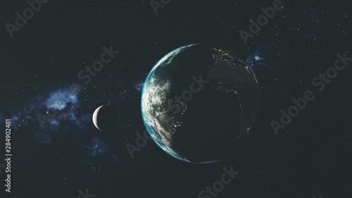 Fototapeta Naklejka Na Ścianę i Meble -  Planet Earth Spin Moon Orbit Space Sun Beam Glow. Star Open Galaxy Constellation Satellite View Radiance Milky Way Light Space Travel Concept 3D Animation