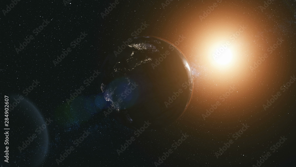 Rotate Planet Earth Zoom In Sun Beam Illuminate. Celestial Galaxy  Constellation Cosmos Nebula Background Deep Open Space Travel Concept 3D  Animation Stock Illustration | Adobe Stock