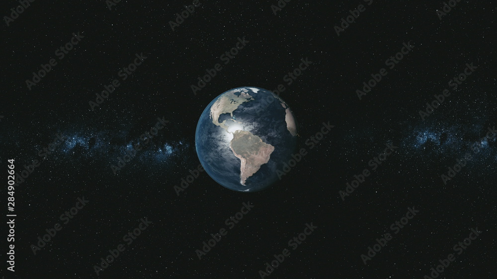 Spin Earth Orbit Meteor Glow Starry Background. Planet Fast Motion Universe Celestial Constellation World Map Deep Space Exploration Concept 3D Animation