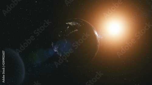 Rotate Planet Earth Zoom In Sun Beam Illuminate. Celestial Galaxy Constellation Cosmos Nebula Background Deep Open Space Travel Concept 3D Animation