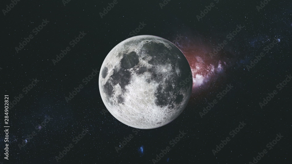Moon Orbit Floodlight Surface Milky Way Background. Planet Side Zoom in Dark Outer Space Star Galaxy Cosmos Constellation Exploration Concept 3D Animation