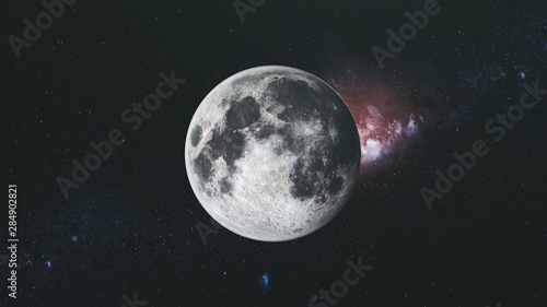 Moon Orbit Floodlight Surface Milky Way Background. Planet Side Zoom in Dark Outer Space Star Galaxy Cosmos Constellation Exploration Concept 3D Animation © Goinyk