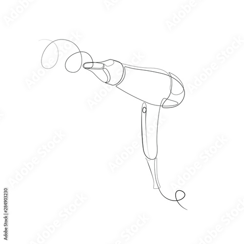 Hairdryer one line drawing on white isolated background for store, banner and business card. Vector illustration
