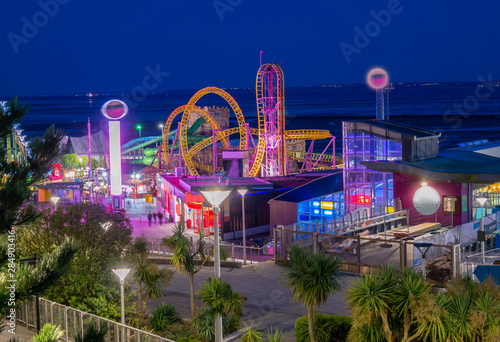 Night scene of the adventure park and a rollercoaster in Southend on sea area on the coast of England in UK