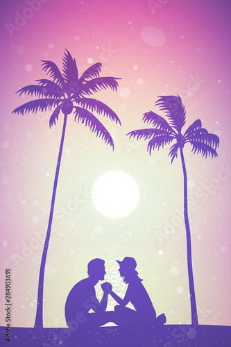 Lovers sitting on sand under palm trees at sunrise. Vector illustration with silhouette of couple on beach. Family summer vacation. Pastel background with sun and flying fluff
