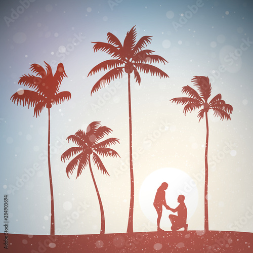 Romantic marriage proposal on palm beach at sunset. Vector illustration with silhouettes of loving couple and tropical trees. Family creation. Pastel background with sun and flying fluff