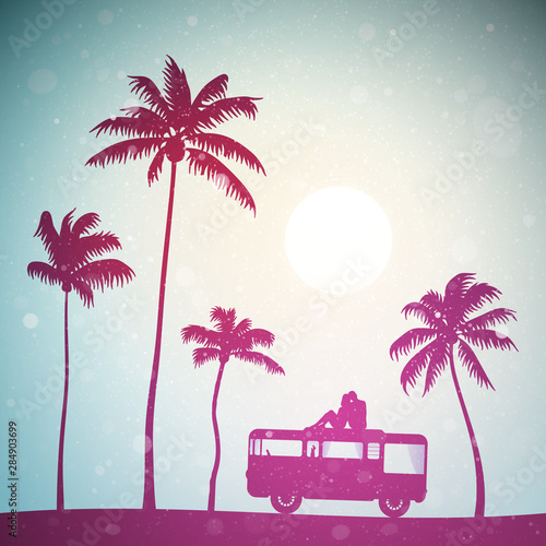 Lovers on roof of cartoon retro car at sunset. Vector illustration with silhouette of couple on palm beach. Family road trip. Pastel background with sun and flying fluff