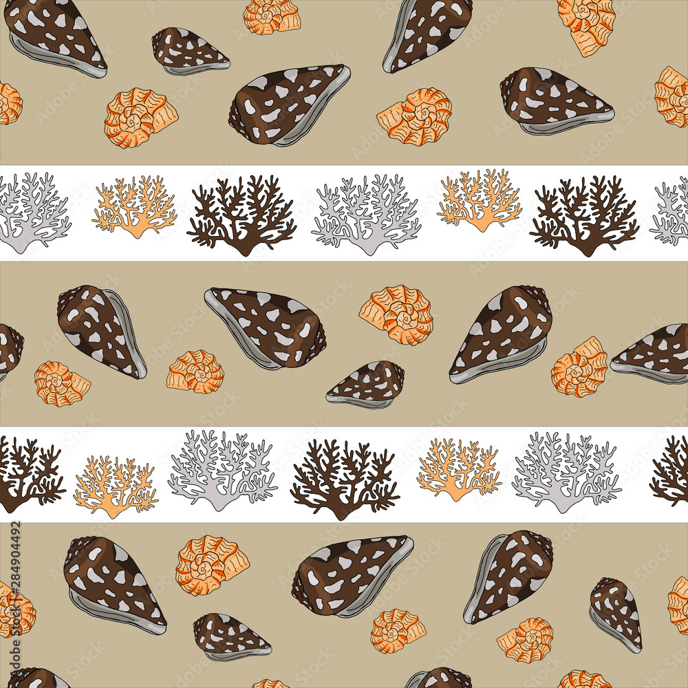 Seamless pattern of shells and coral. Freehand drawing. Marine themed tiles. Seamless pattern of shells and coral. Freehand drawing. Marine themed tiles.