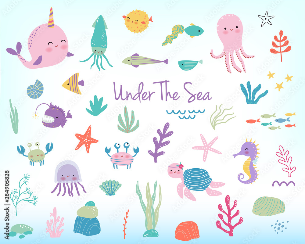Cute cartoon sea animals and plants. Vector illustration Stock Vector |  Adobe Stock