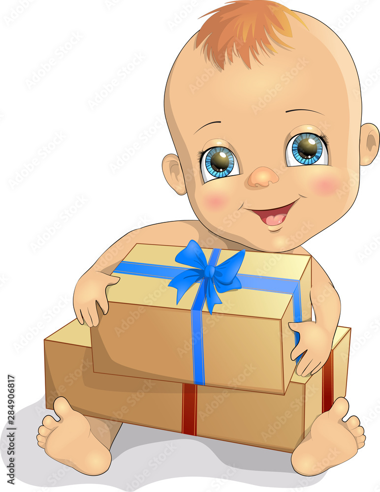 Vector illustration cute baby holding a box gift in his hands Vector illustration cute baby holding a box gift in his hands