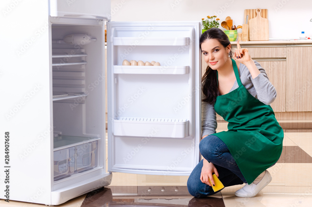 Young woman cleaning fridge in hygiene concept Young woman cleaning fridge in hygiene concept