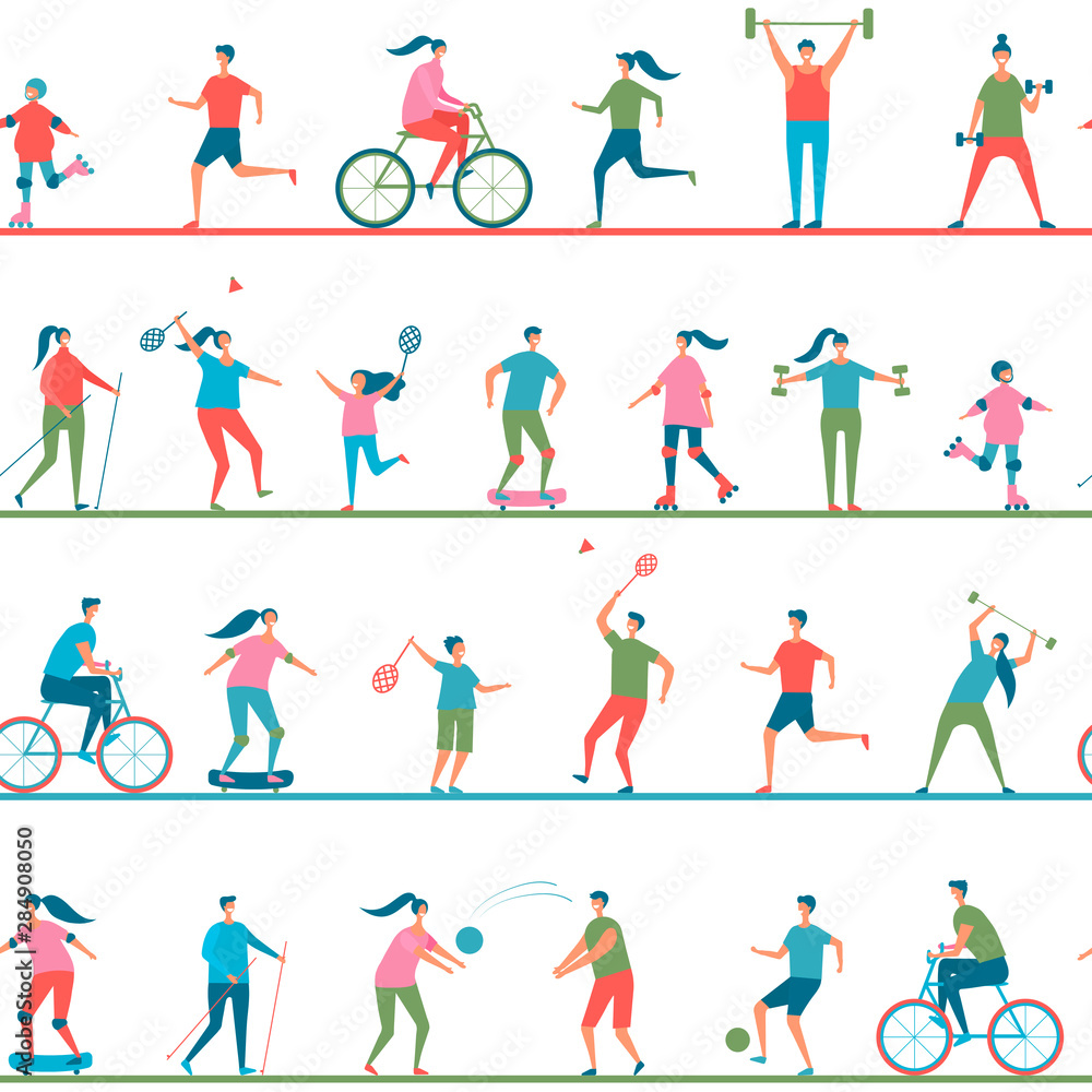 Healthy lifestyle people doing sports seamless pattern