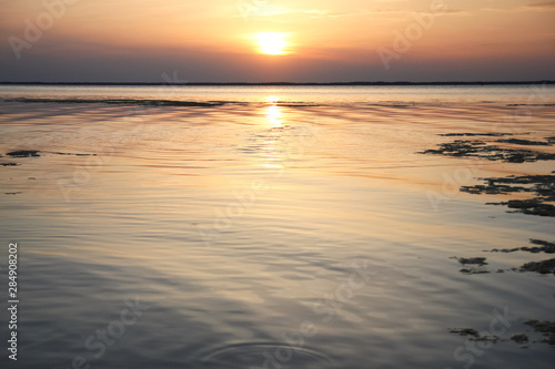 Sunset on the Dnieper river  Ukraine  landscape with sun  orange-purple sky  water and algae