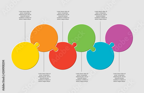 Six pieces puzzle circles line info graphic.