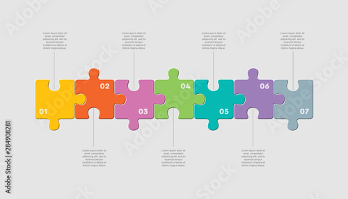 Seven pieces jigsaw puzzle square line infographic