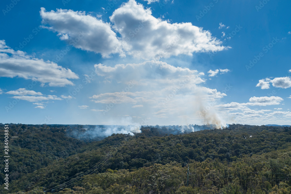 A small bushfire burning in gum trees in the mountains