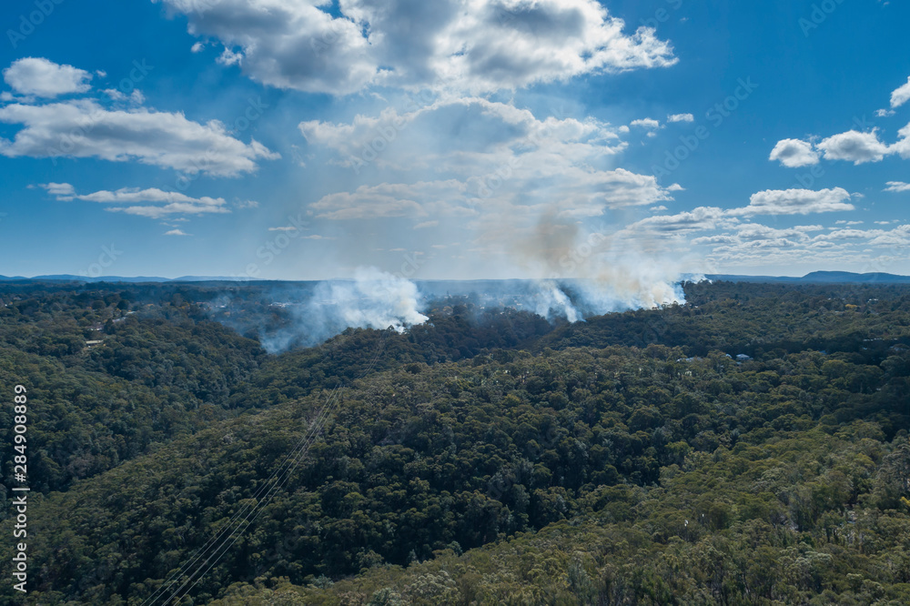 A small bushfire burning in gum trees in the mountains A small bushfire burning in gum trees in the mountains