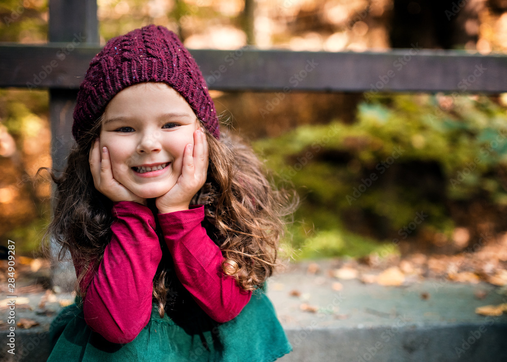 A portrait of a small toddler girl sitting in forest in autumn nature. A portrait of a small toddler girl sitting in forest in autumn nature.