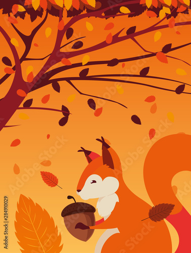 hello autumn poster with chipmunk and nut