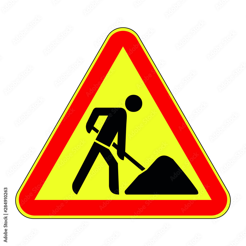 Road sign attention building site white background Road sign attention building site white background