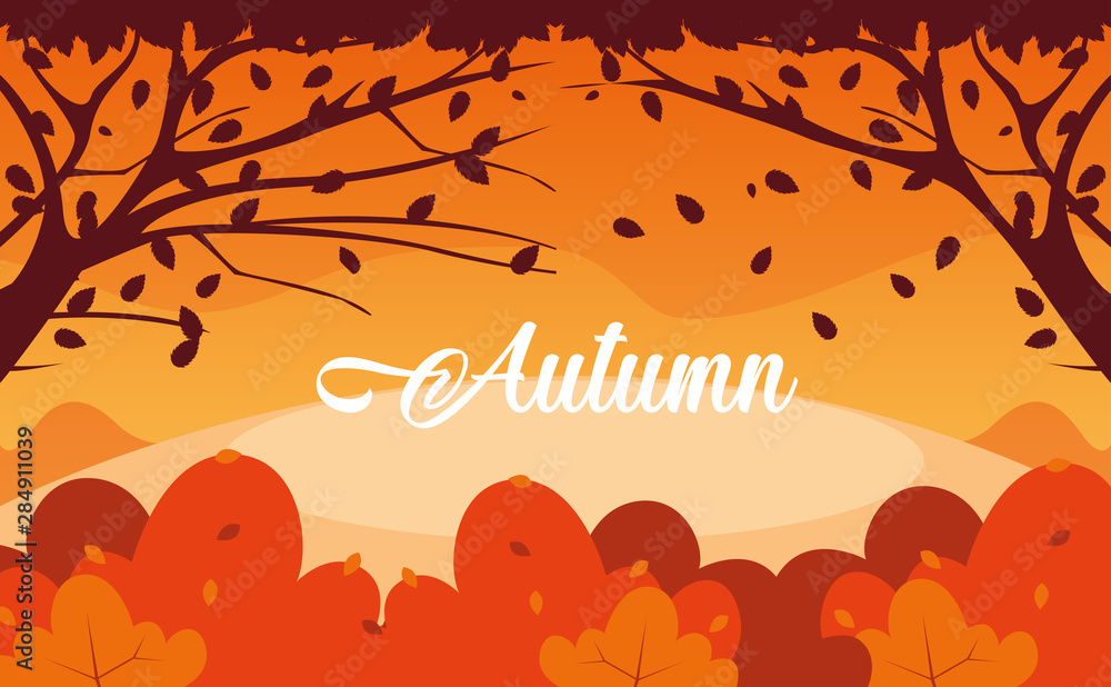 hello autumn poster with landscape and leafs
