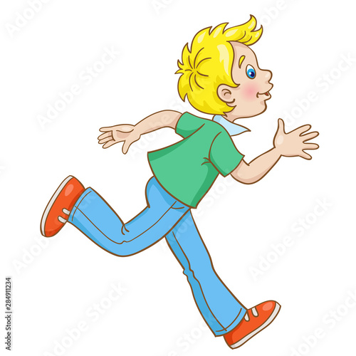 Funny blonde boy is running. In cartoon style. Isolated on white background.