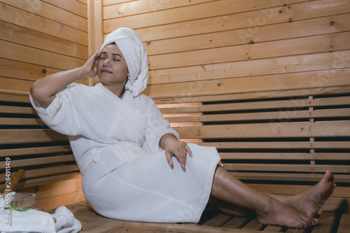 girl's in the Sauna room , Refreshing in tropical wood room. To keep the body healthy