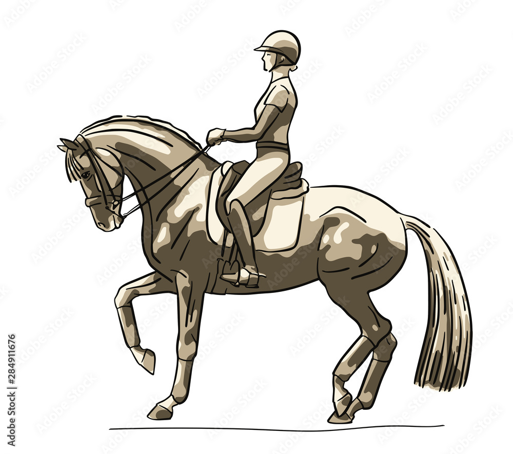Vector sketch of a rider and horse execute the piaffe. Vector sketch of a rider and horse execute the piaffe.