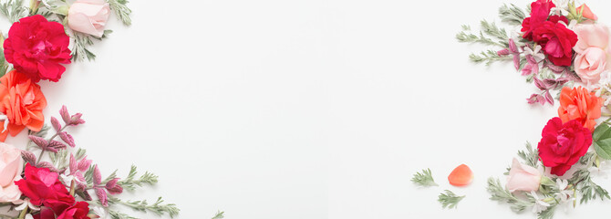 rose flowers and leaves on white background
