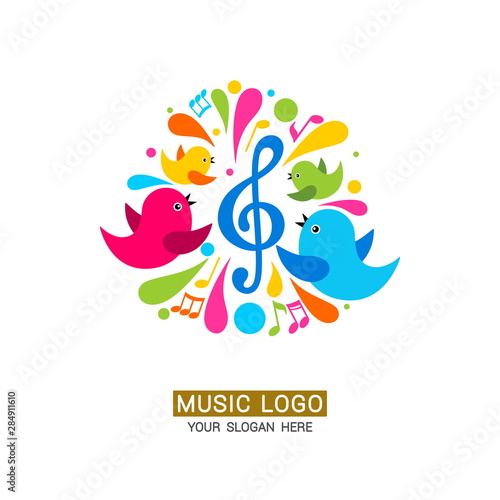 Music logo. A family of birds around a treble clef with colored elements.