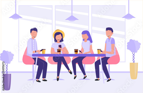 Vector illustration with the interior of a youth cafe. Young people sitting in the cafe, chatting and watching the smartphones. Flat style.