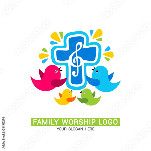 Family worship logo. The family glorifies God, sings to Him glory and praise.