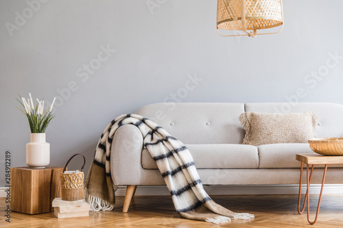 Stylish and design home interior of living room with gray sofa, wooden coffee table , pillows, blankets, rattan lamp, cube flowers, basket and elegant accessories. Stylish home decor. Template. 