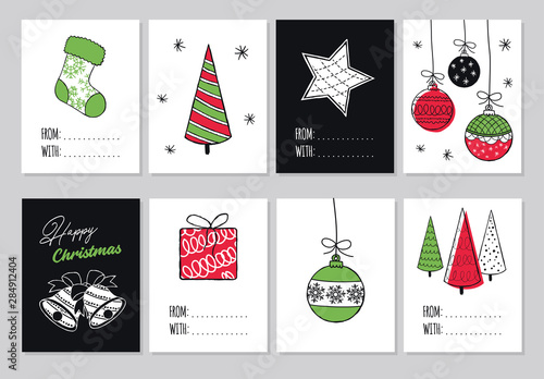 Set modern Merry Christmas hand drawn cards, illustrations and icons, lettering design collection. Doodles and sketches vector illustration 