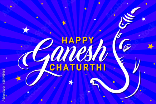 Happy Ganesh Chaturthi. Indian Religious Festival of lord Ganapati Banner, Logo design, Sticker, Concept, Greeting Card, Template, Icon, Poster, Unit, Label, Web Header, Mnemonic on Blue Background