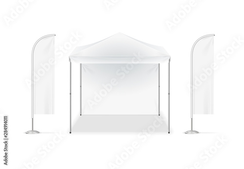 Realistic Detailed 3d White Blank Adv Beach Tent Flag Template Mockup Set. Vector