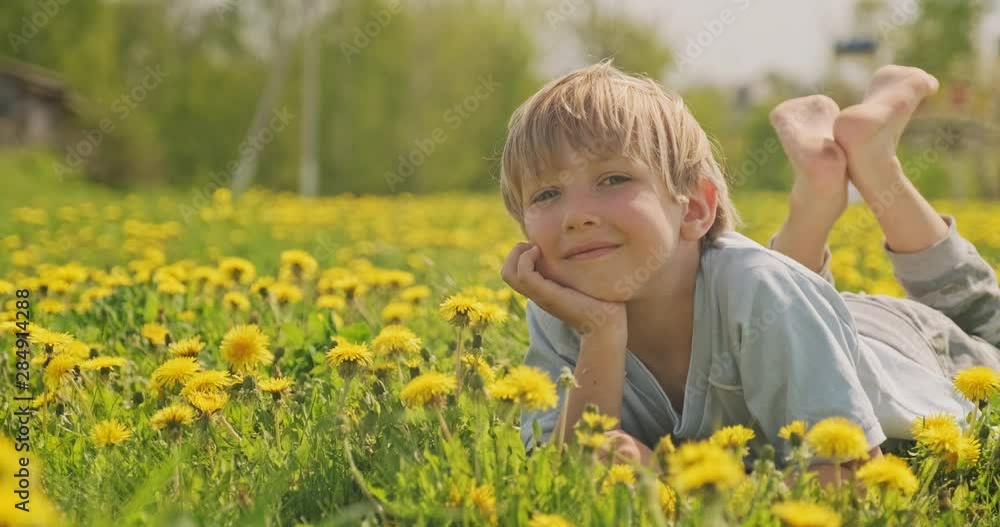 Pretty caucasian boy lying on a spring meadow and looks. Happy child lies on camomile field, closeup view. Cute smiling face of a blond hair boy, on the meadow. Happiness and childhood. Slow motion Pretty caucasian boy lying on a spring meadow and looks. Happy child lies on camomile field, closeup view. Cute smiling face of a blond hair boy, on the meadow. Happiness and childhood. Slow motion