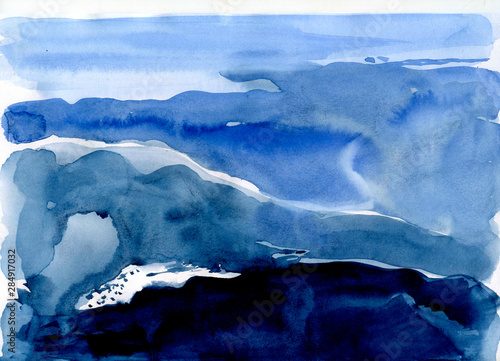 dark blue watercolor abstract background on paper. abstract mountain landscape. dark blue gradient background.