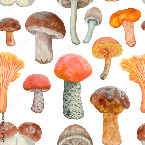Autumn seamless pattern. Different types of mushrooms on a white background. Colorful botanical wallpaper. Realistic acrylic drawing. Vintage style. Non-poisonous mushrooms