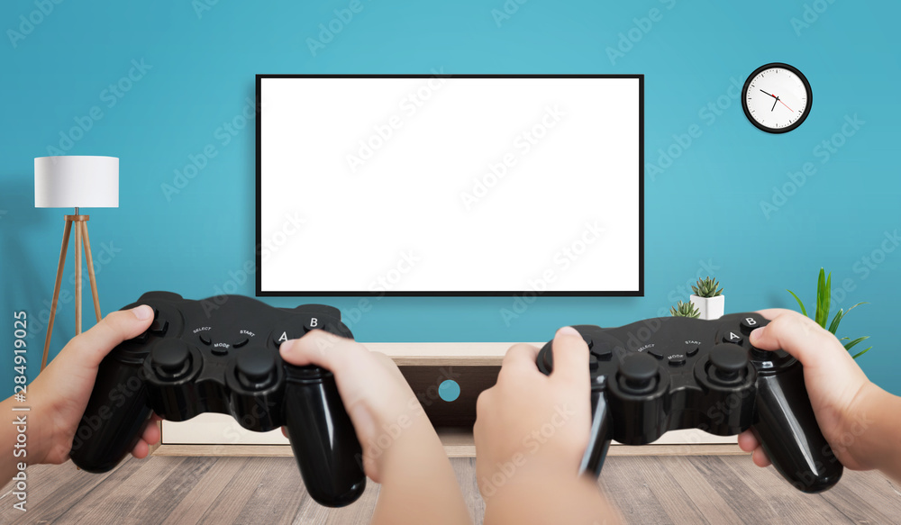 TV mockup for game presentation. Two friends holding gamepads. Isolated