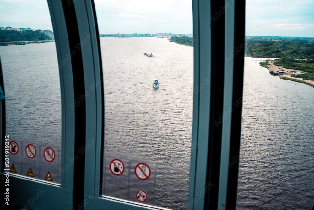 Nizhny Novgorod, Russia, - July 17, 2019 View from the funicular from the cable car on the Volga River in Nizhny Novgorod, Russia