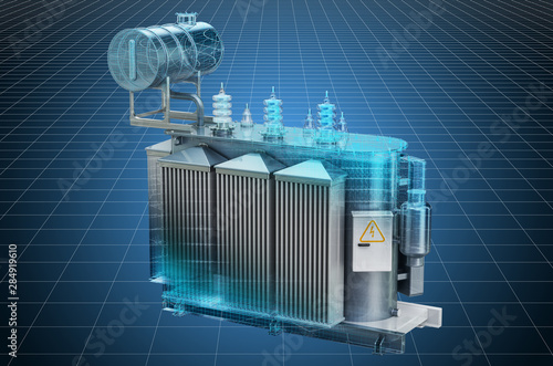Visualization 3d cad model of transformer oil, high voltage power transformer, blueprint. 3D rendering photo