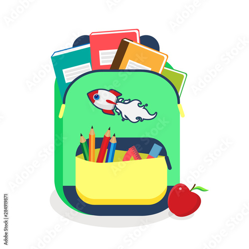 Colorful schoolbag with school supplies. Backpack with zippers isolated on white background. Vector illustration back to school. Eps 10.